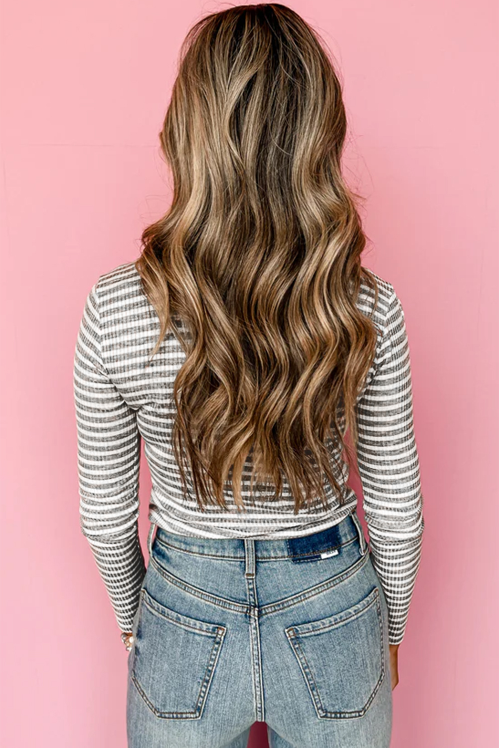 Gray Stripe Ribbed High Neck Slim Fit Long Sleeve Top - Image 2