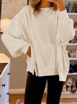 White Waffle knit Bishop Sleeve Split Oversized Top