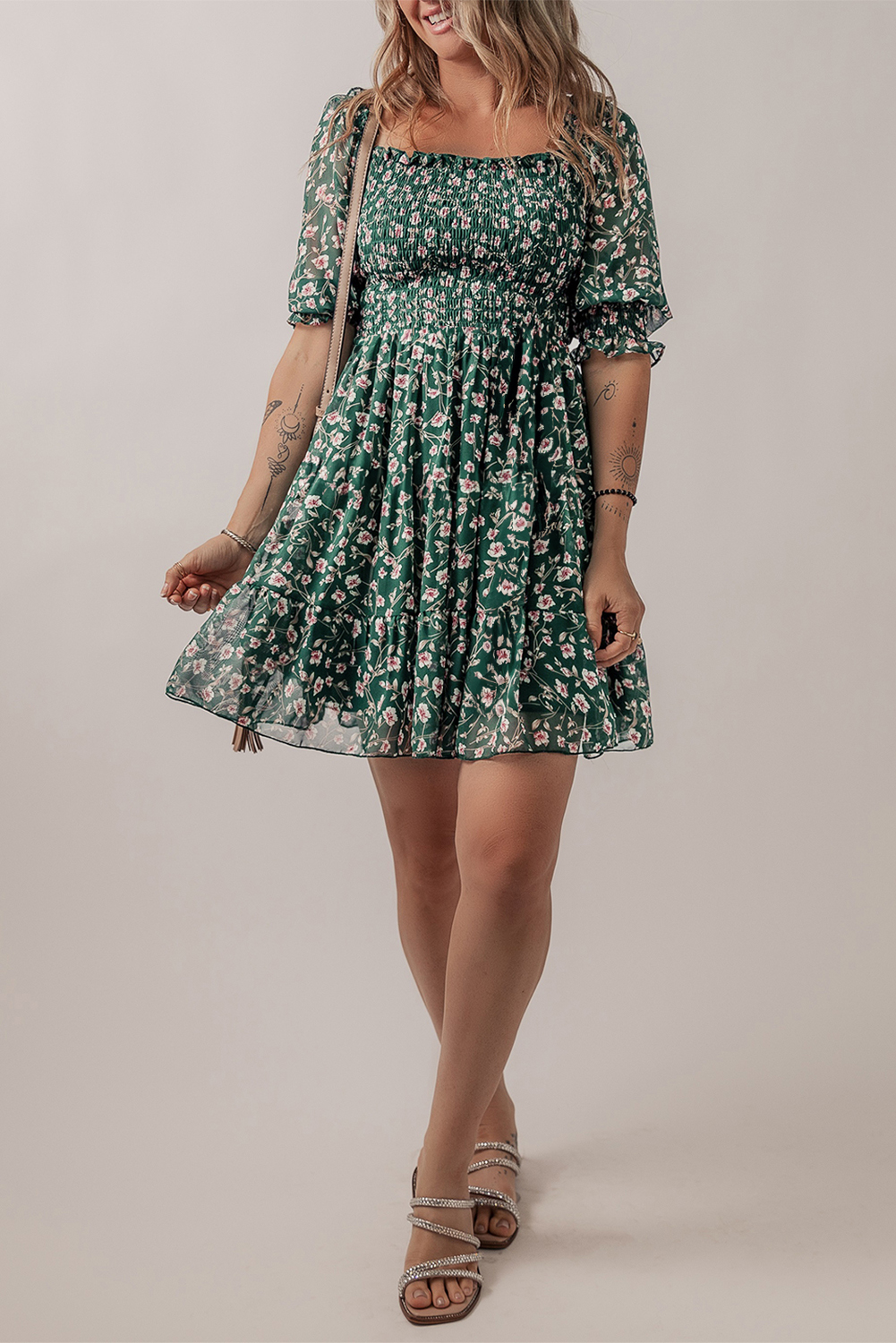 Green Smocked Square Neck Puff Short Sleeve Floral Dress - Image 4