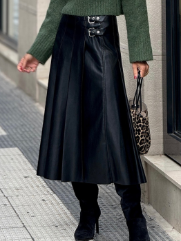 Black Faux Leather Retro Buckle Detail Pleated Stitch Flared Midi Skirt