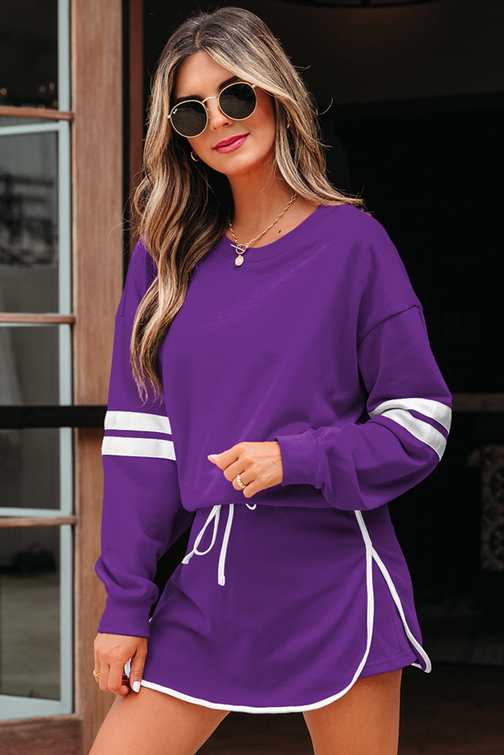 Tillandsia Purple Varsity Stripe Detail Drop Shoulder Pullover Mini Skirt Set - Image 3