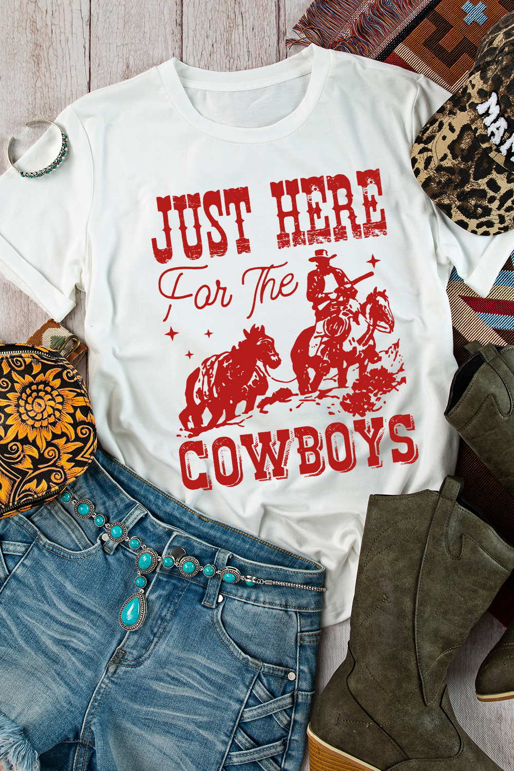 White JUST HERE For THE COWBOY Cuffed Sleeve Crew Neck T Shirt - Image 2