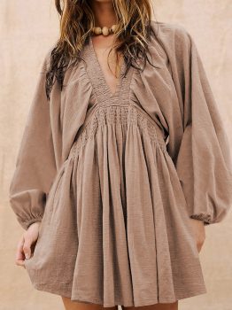 Smoke Gray Deep V Neck Bubble Sleeve Smocked Mini Dress
