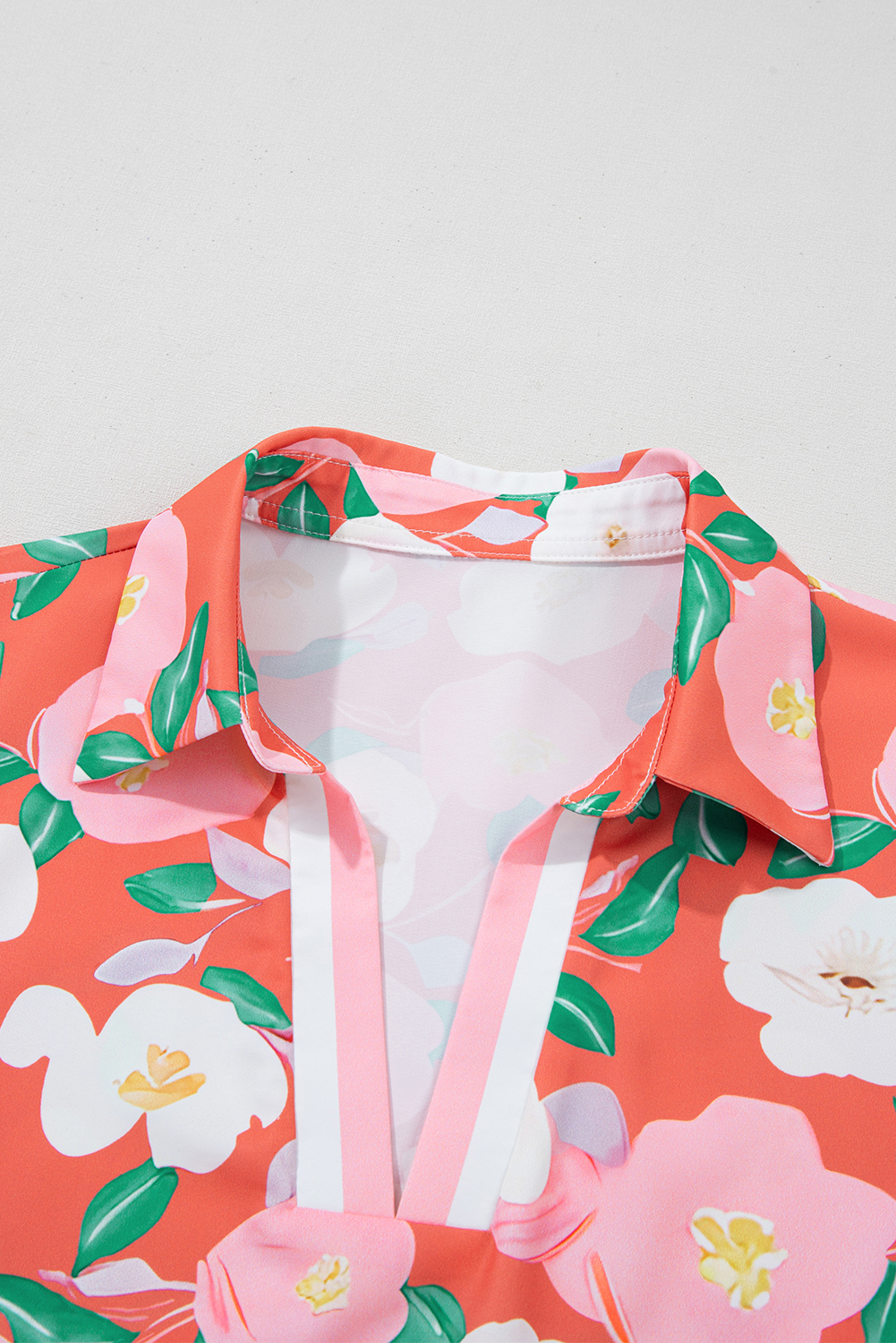 Fresh Salmon Floral Print Contrast Striped Trim Polo Collar T Shirt Dress - Image 6