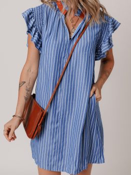 Sky Blue Stripe Frilly Split Neck Shirred Ruffle Sleeve Short Shift Dress