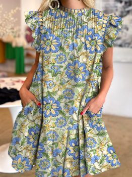 Spinach Green Botanical Floral Print Pleated Ruffle Detail Short Dress