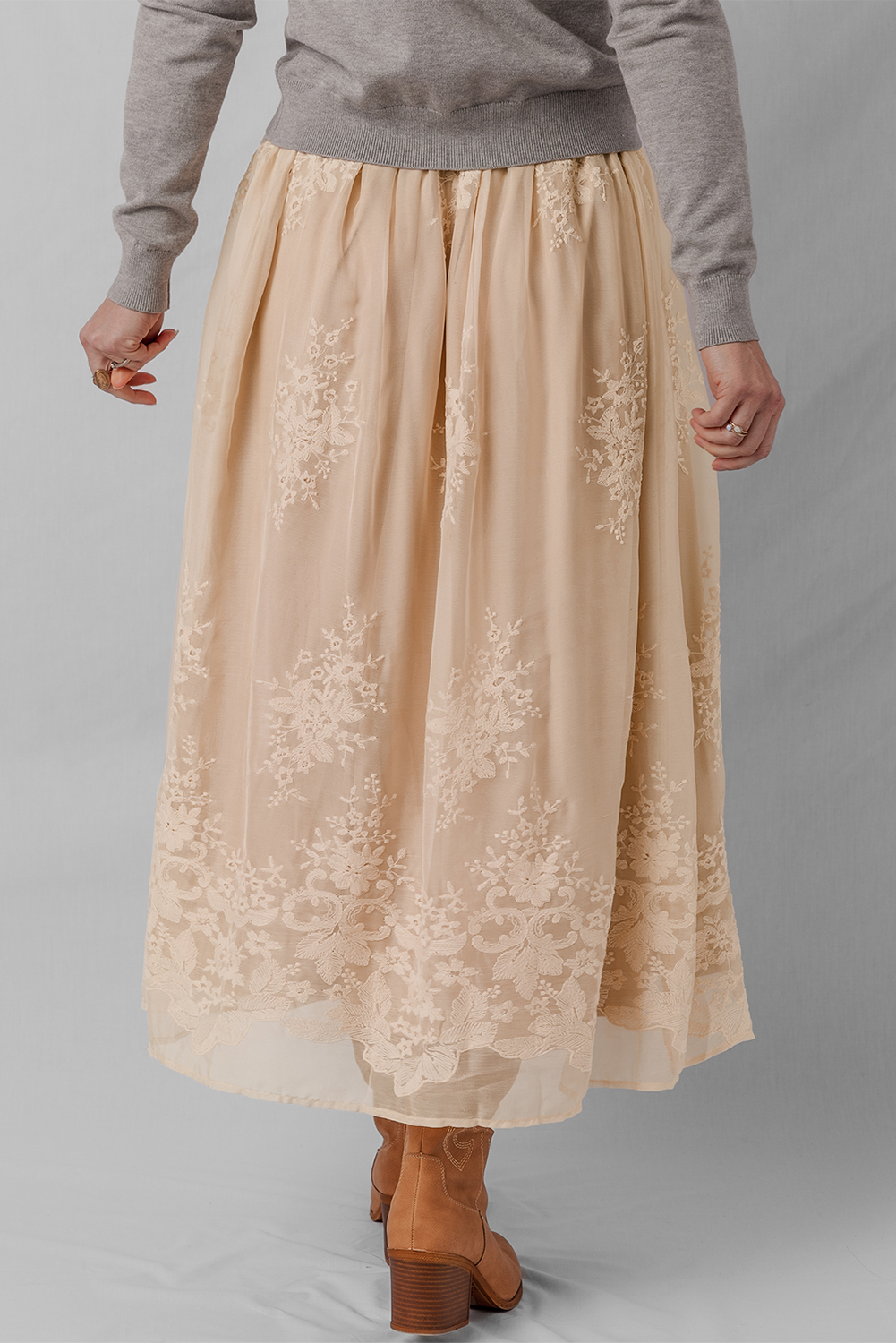 Oatmeal Embroidered Mesh Overlay Flowy Long Skirt - Image 2