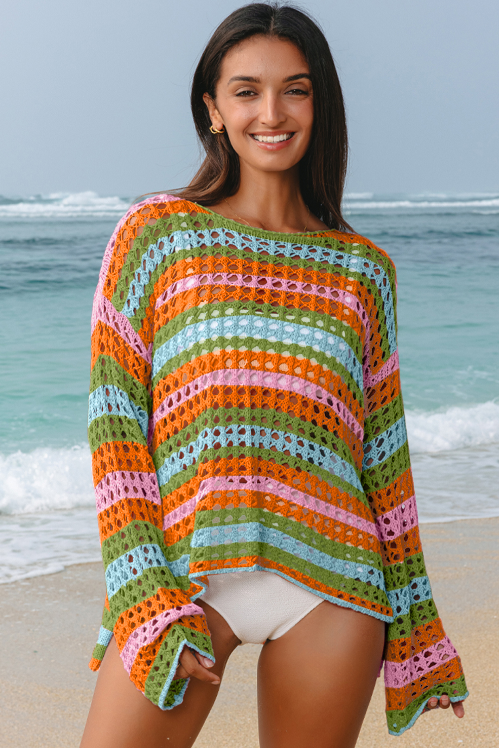 Carrot Multi Stripe Open Knit Sweater Beach Cover Up - Image 2