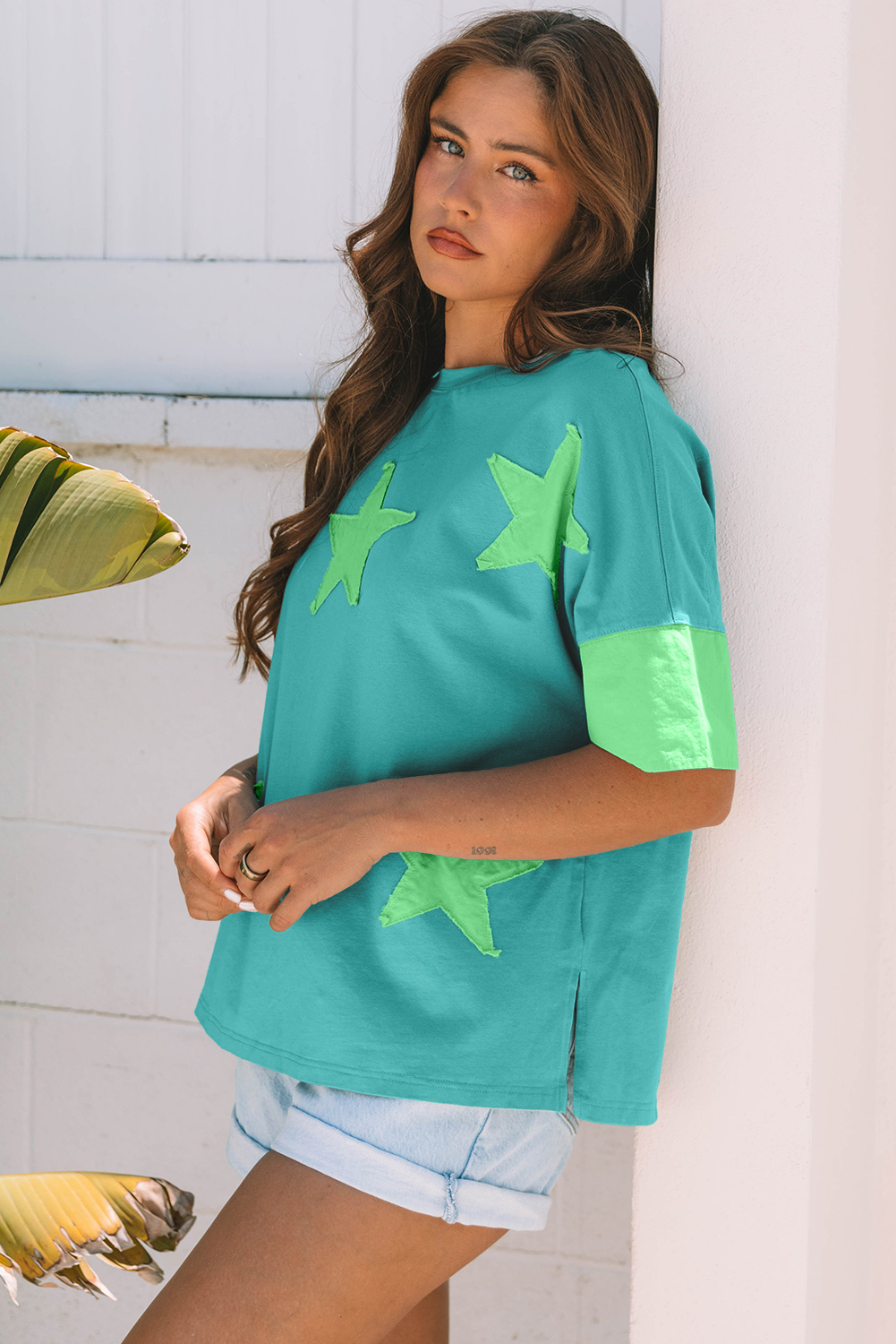 Aruba Blue Frayed Denim Star Patched Oversize T Shirt - Image 3