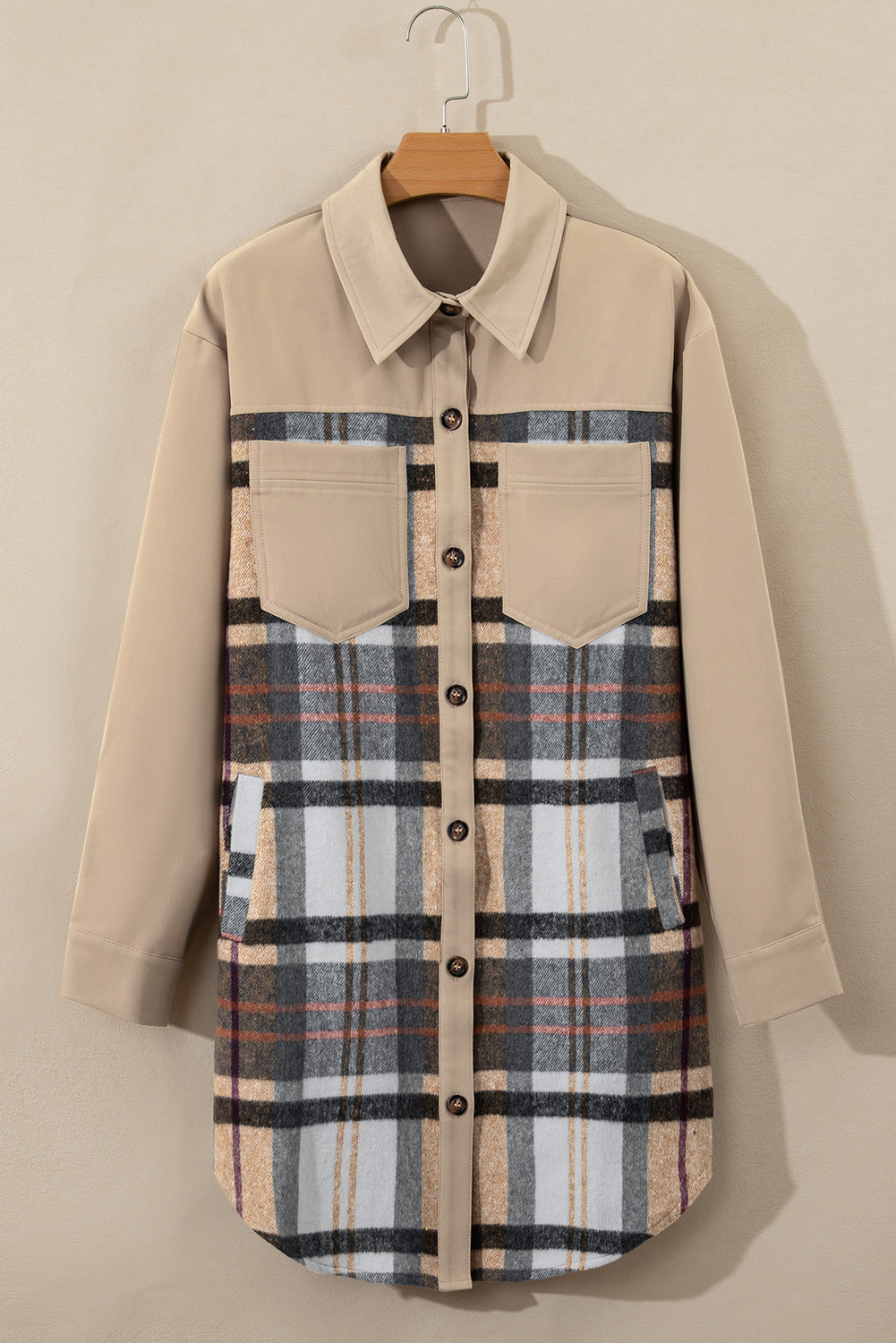 Khaki Plaid Patchwork Long Sleeve Shirt Mini Dress - Image 6