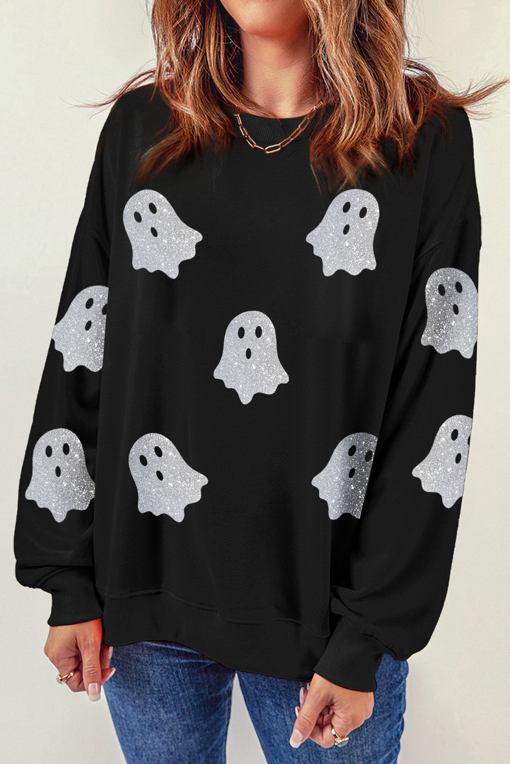 Black Glitter Ghost Pattern Crew Neck Halloween Sweatshirt - Image 3