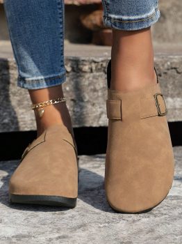 Light French Beige Suede Buckle Detail Slippers