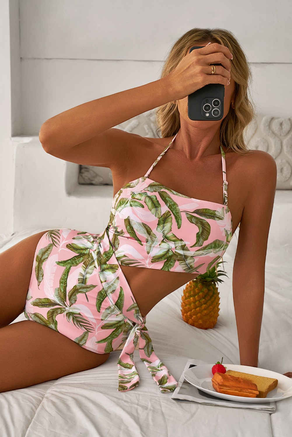 Pink Tropical Asymmetric Cut out Halter Backless One Piece Swimwear - Image 7