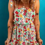 Red Floral Knotted Straps Cinched Waist Ruffle Hem Mini Dress
