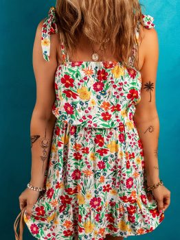 Red Floral Knotted Straps Cinched Waist Ruffle Hem Mini Dress