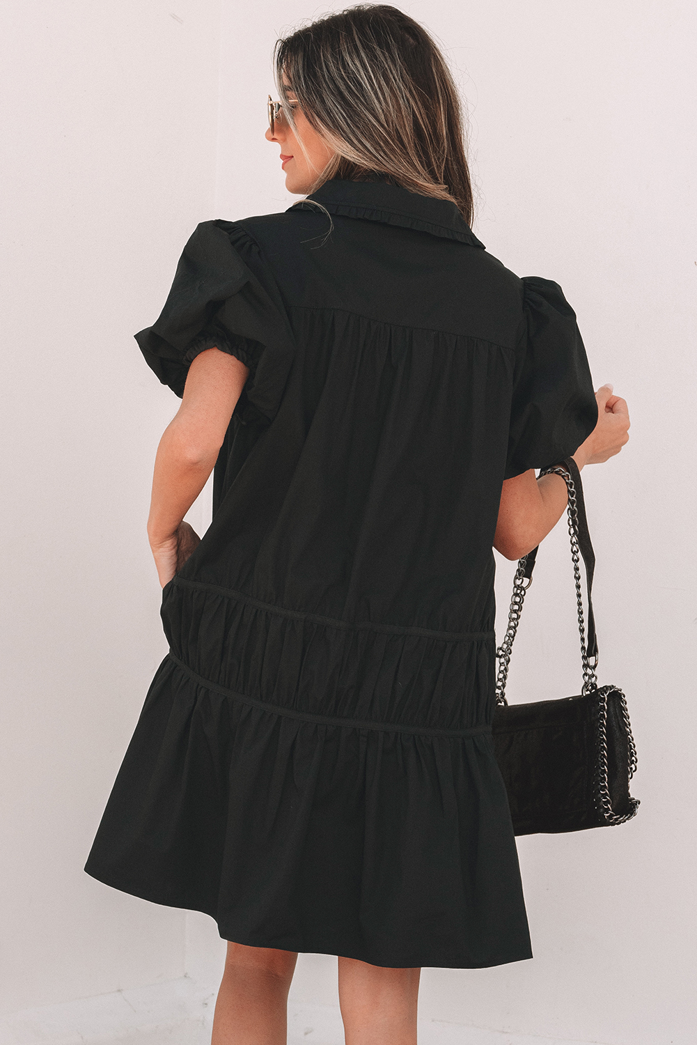 Black Shirt Style Button Down Puff Sleeve Ruffle Hem Dress - Image 2