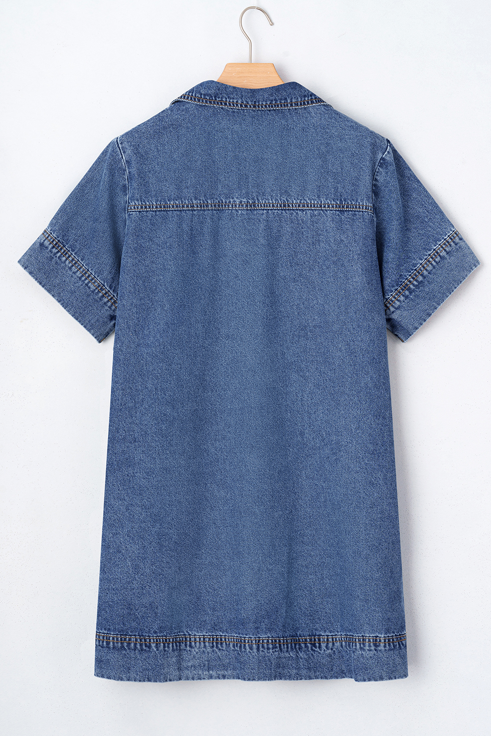 Blue Short Sleeve Collared Patched Pocket Denim Mini Dress - Image 4