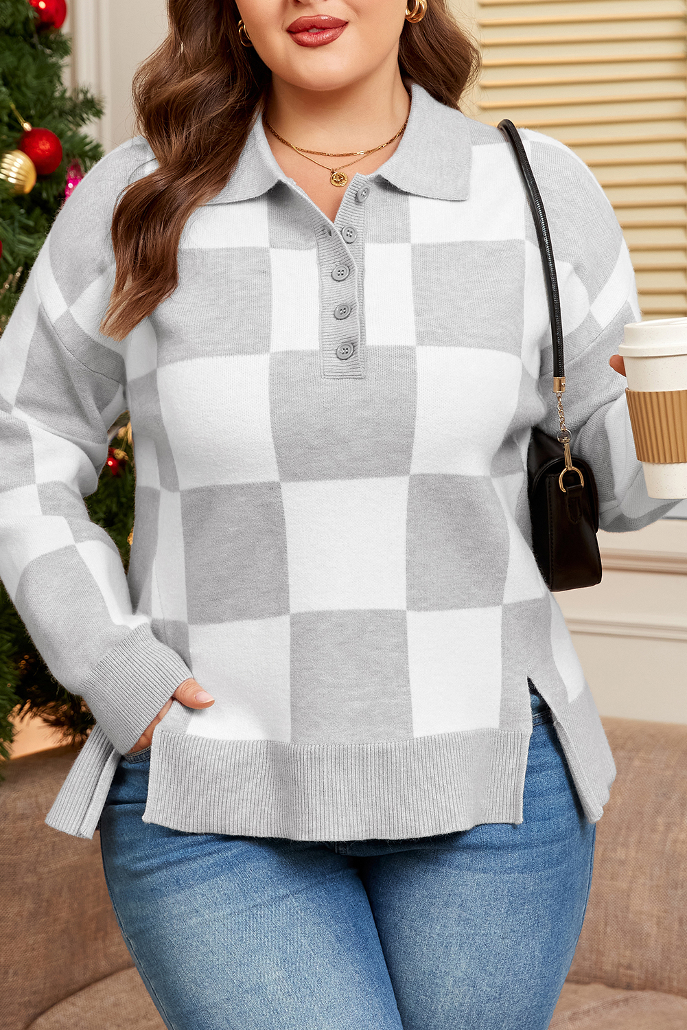 Gray Plus Size Checkered Pattern Button Polo Collar Split Sweater - Image 7
