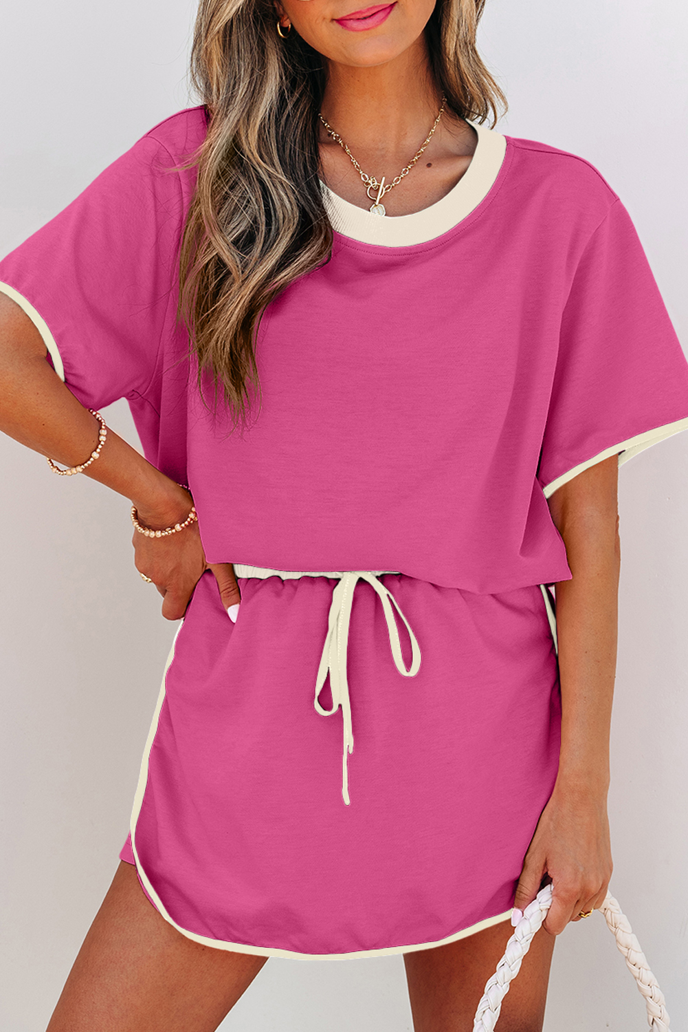 Rose Red Colorblock Edge Drop Shoulder T Shirt and Skort 2Pcs Set - Image 6