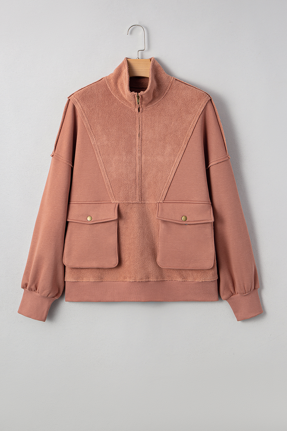 Camel Exposed Seam Side Pockets Half Zipper Baggy Sweatshirt - Image 7