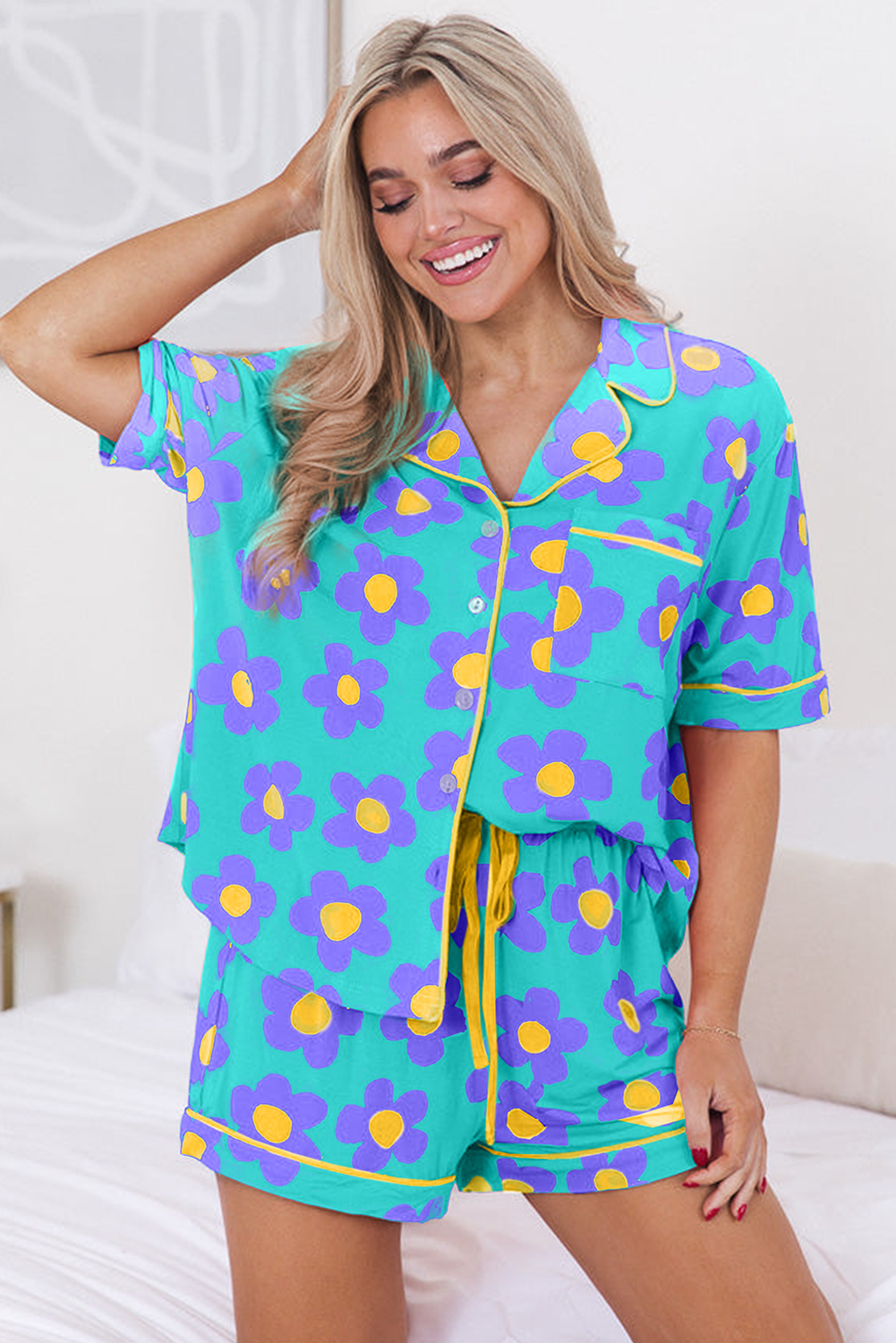 Green Flower Print Short Sleeve Shirt Pajamas Set - Image 2
