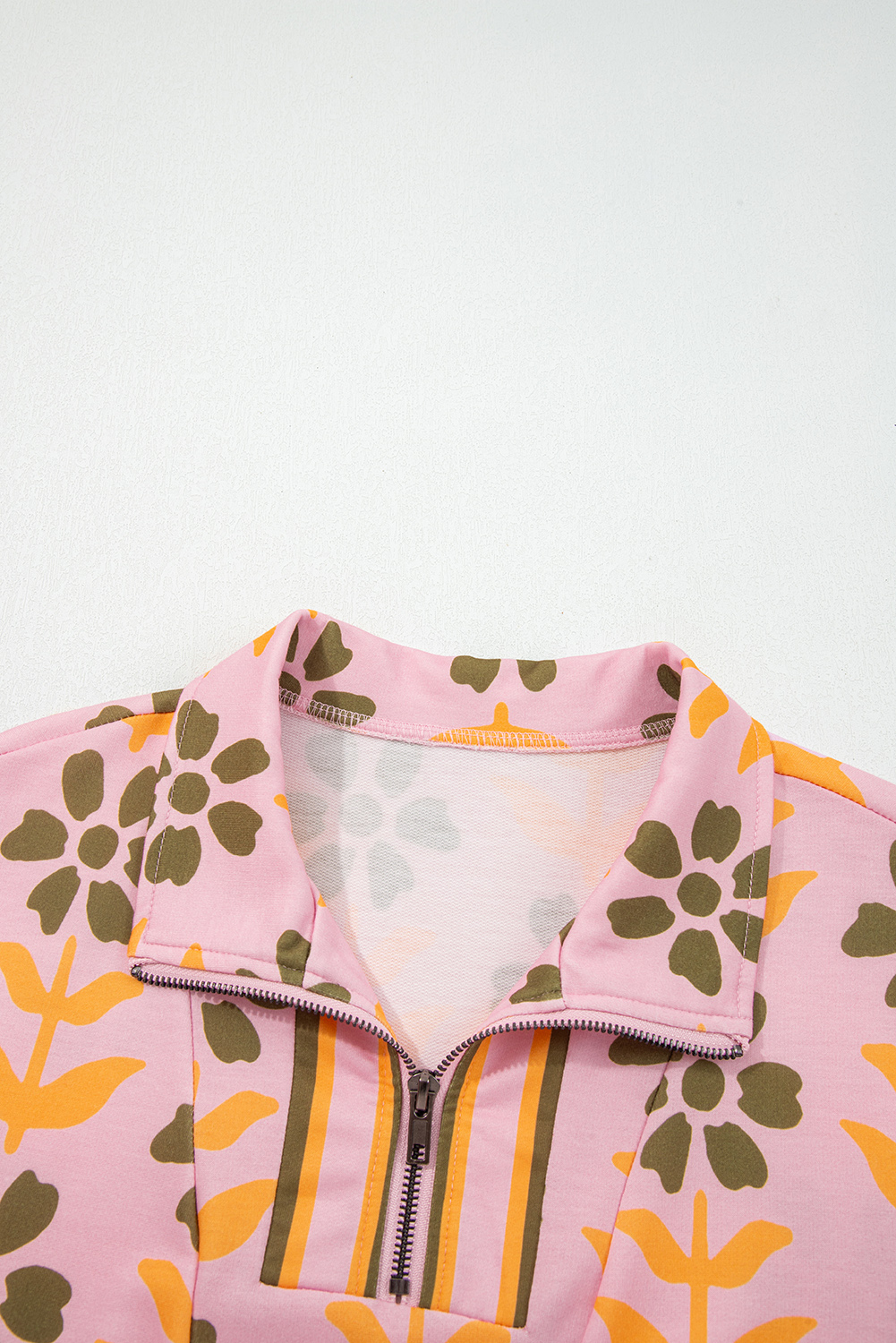 Pink Floral Print Zip Neck Striped Patchwork Long Sleeve Drawstring Dress - Image 7