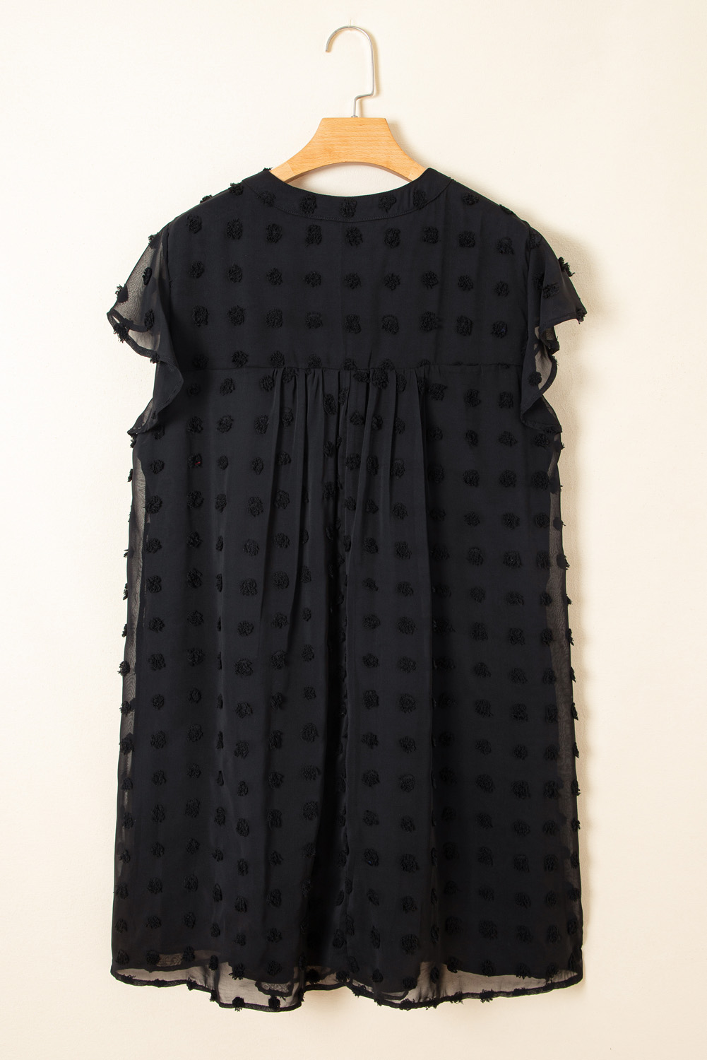 Black Dotty Textured Notched Neck Plus Ruffled Dress - Image 4