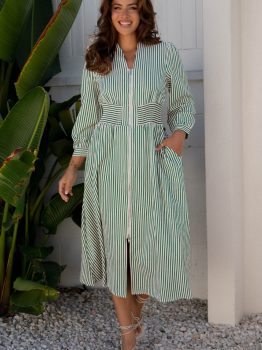 Green Stripe V Neck Zip Front Cinched High Waist Midi Dress