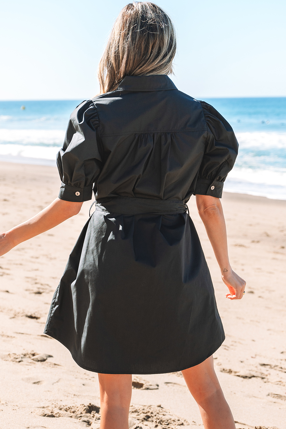 Black Button Up Tie Waist Puff Sleeve Mini Dress - Image 7
