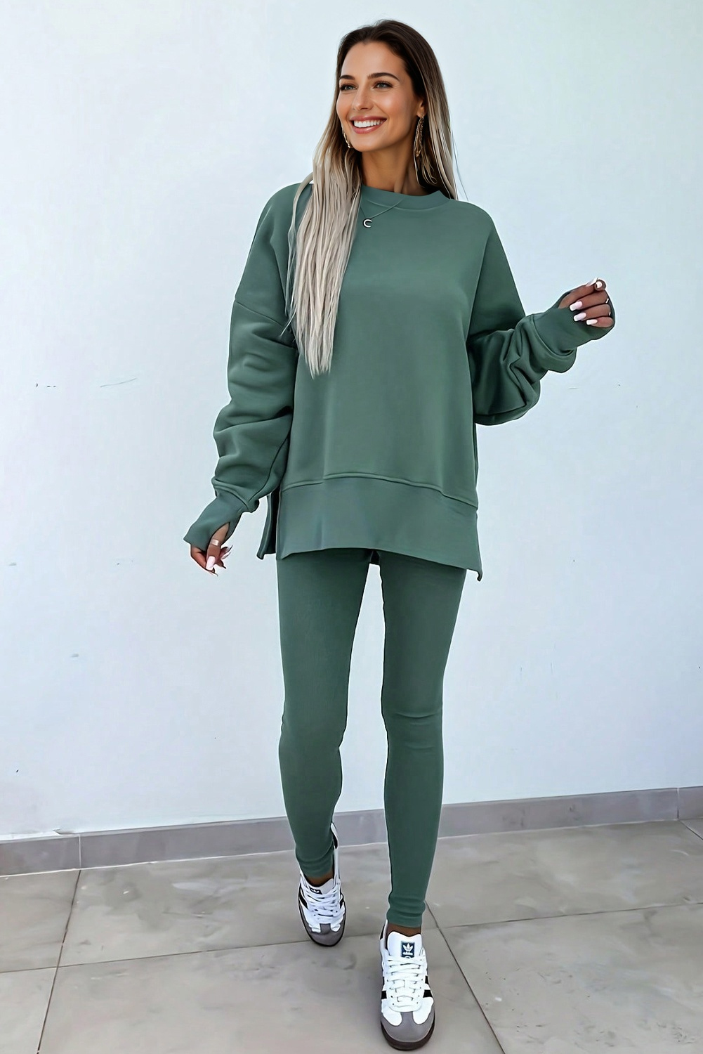 Green Bay Solid Color Oversize Slit Sweatshirt Ribbed Leggings 2pcs Set - Image 3