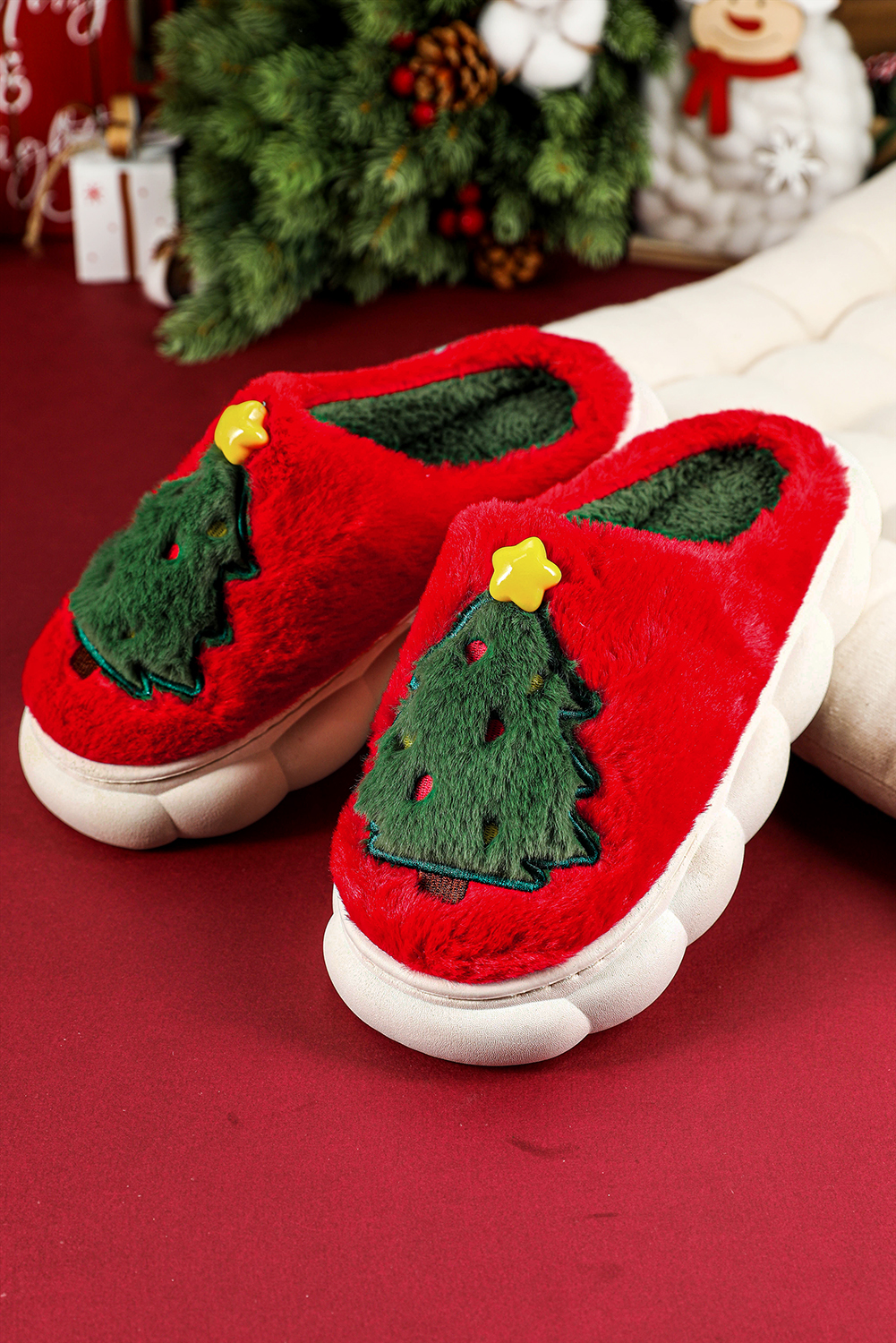 Fiery Red Christmas Tree Graphic Thick Sole Plush Slippers - Image 6