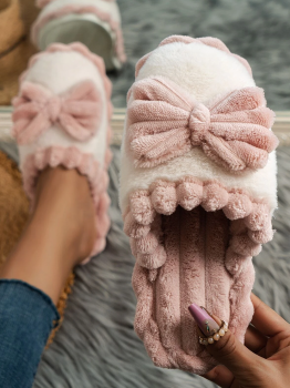 Fushia Bow Decor Color Block Ribbed Plush Slippers