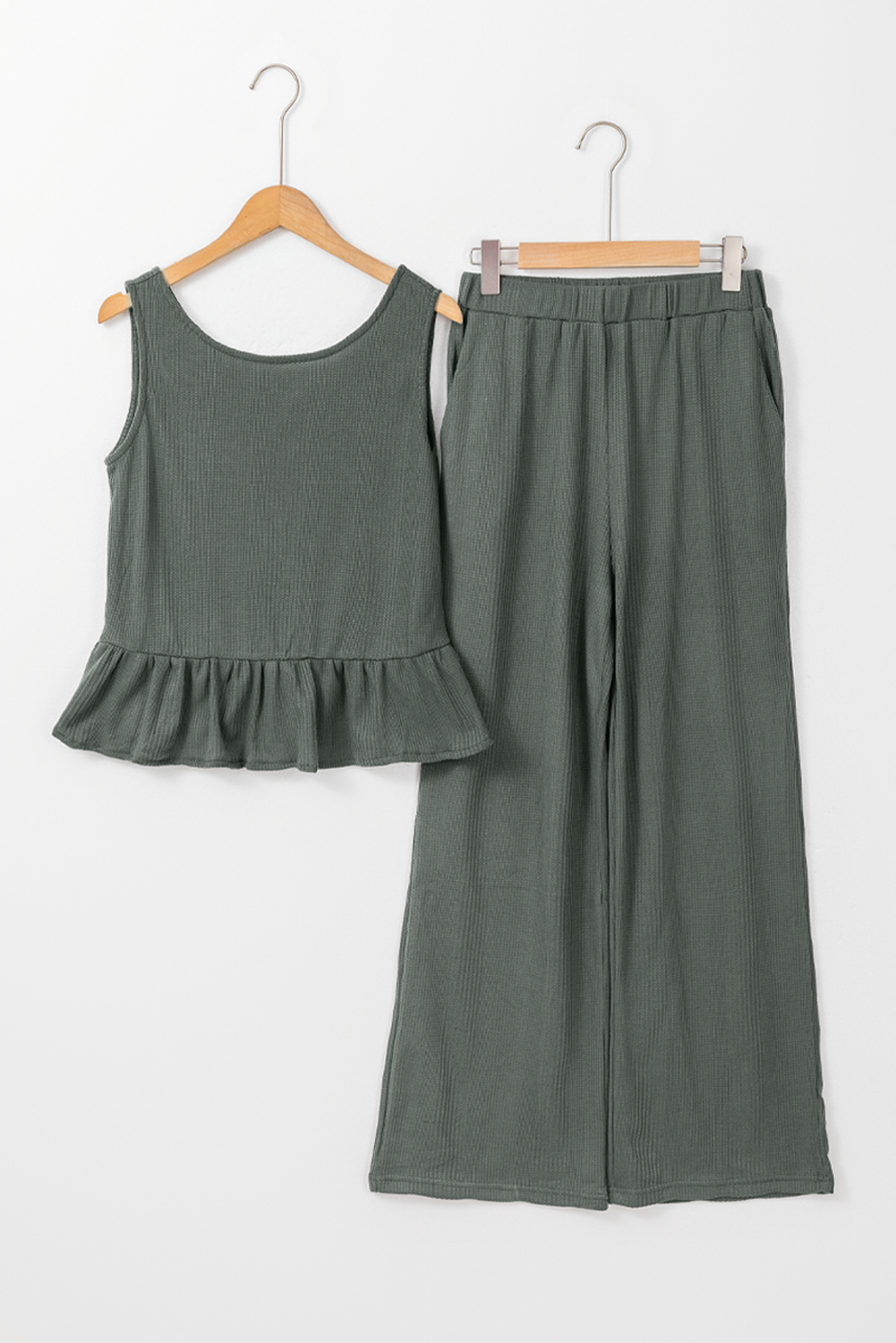 Duffel Green Solid Color Ribbed Ruffle Tank Top and Pants Set - Image 7