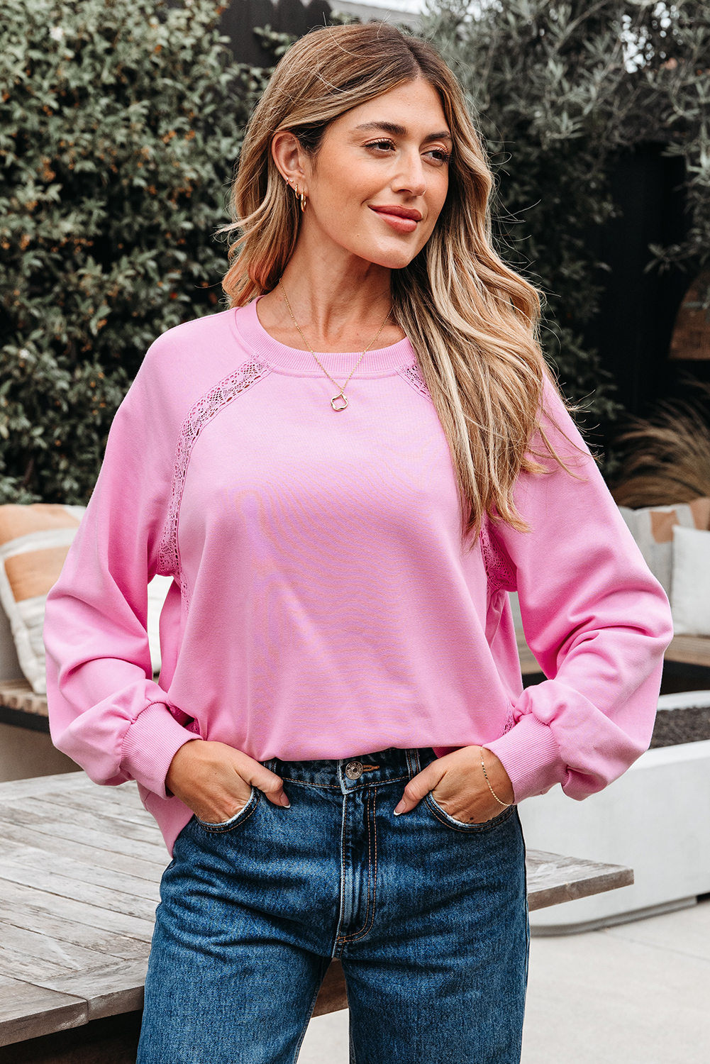 Bright Pink Lace Patched Raglan Sleeve Loose Fit Sweatshirt