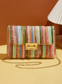 Strawberry Pink Bohemian Woven Gold Chain Shoulder Bag