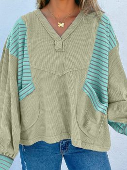 Meadow Mist Green Exposed Seam Waffle Striped Patchwork Baggy Pullover