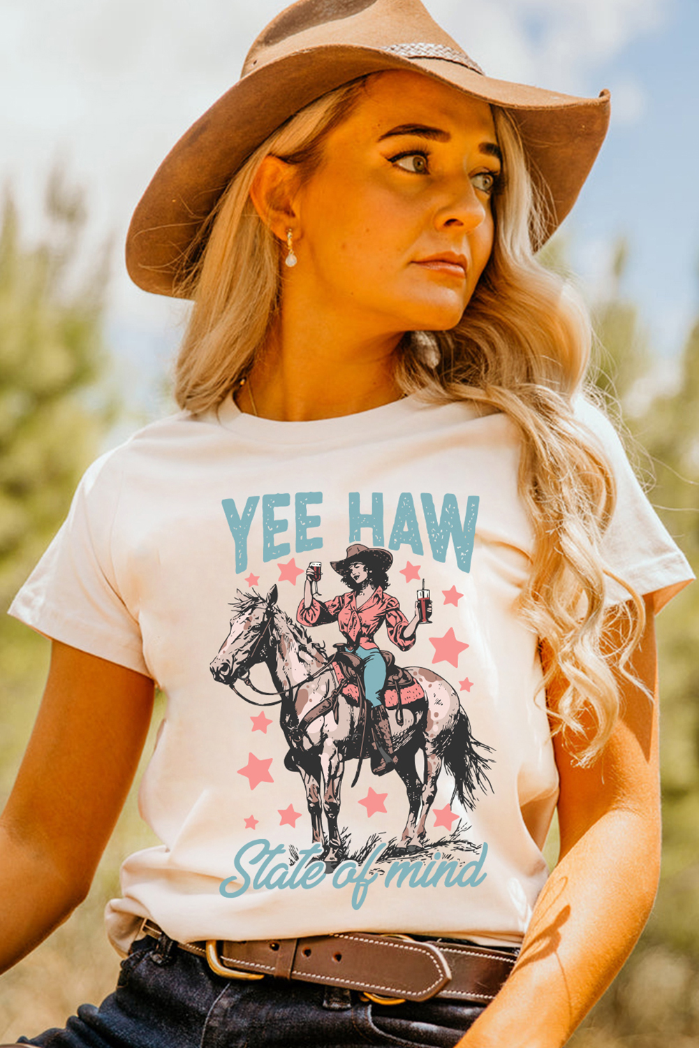 White YEE HAW State of mind Cowgirl Graphic Western Fashion Tee - Image 5