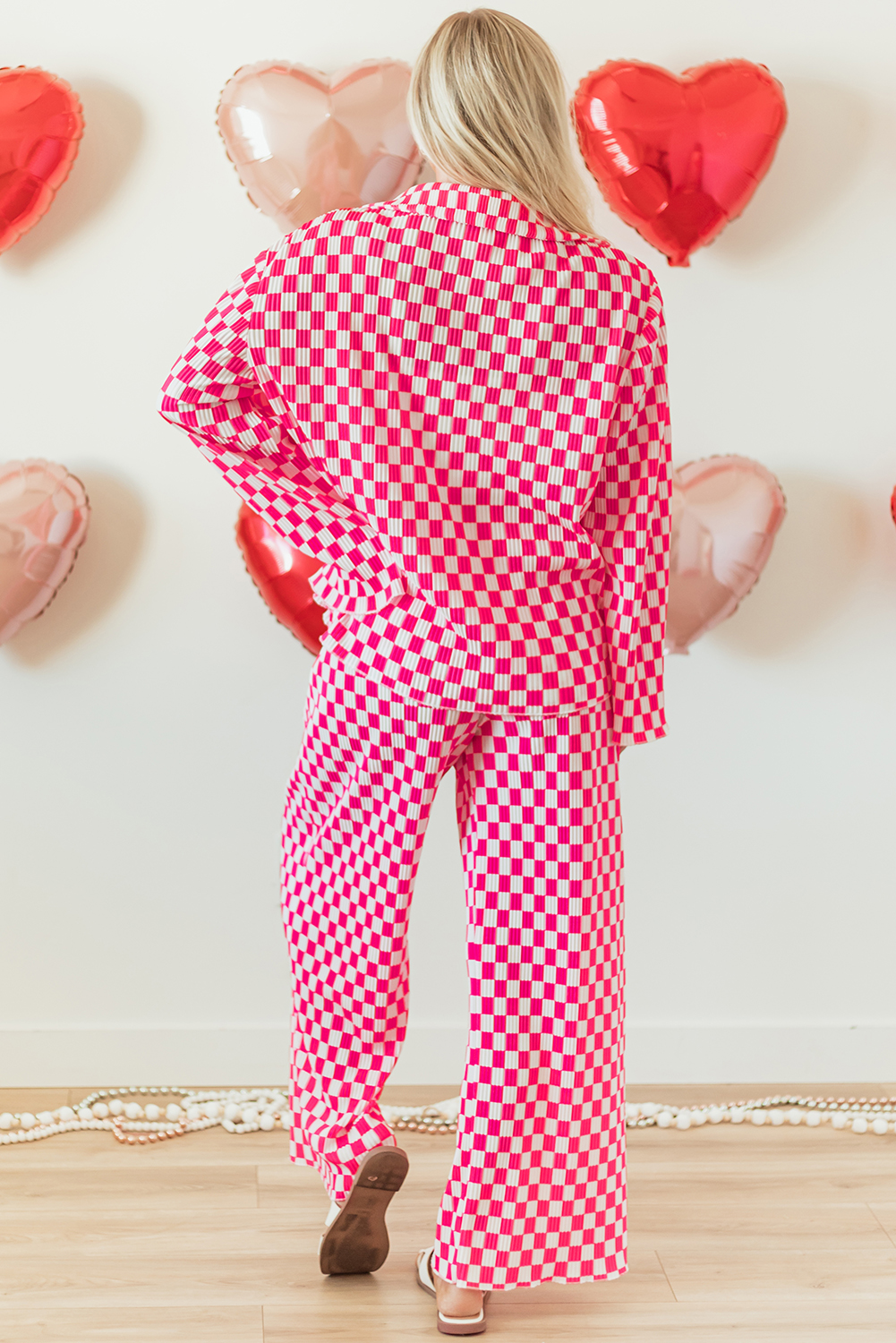 Pink Checkered Buttoned Shirt and High Waist Pants Pajama Set - Image 2
