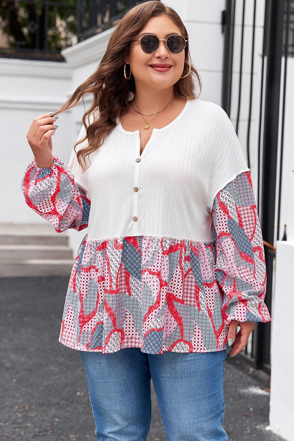 Apricot Plus Size Printed Patchwork Textured Buttoned Blouse - Image 4