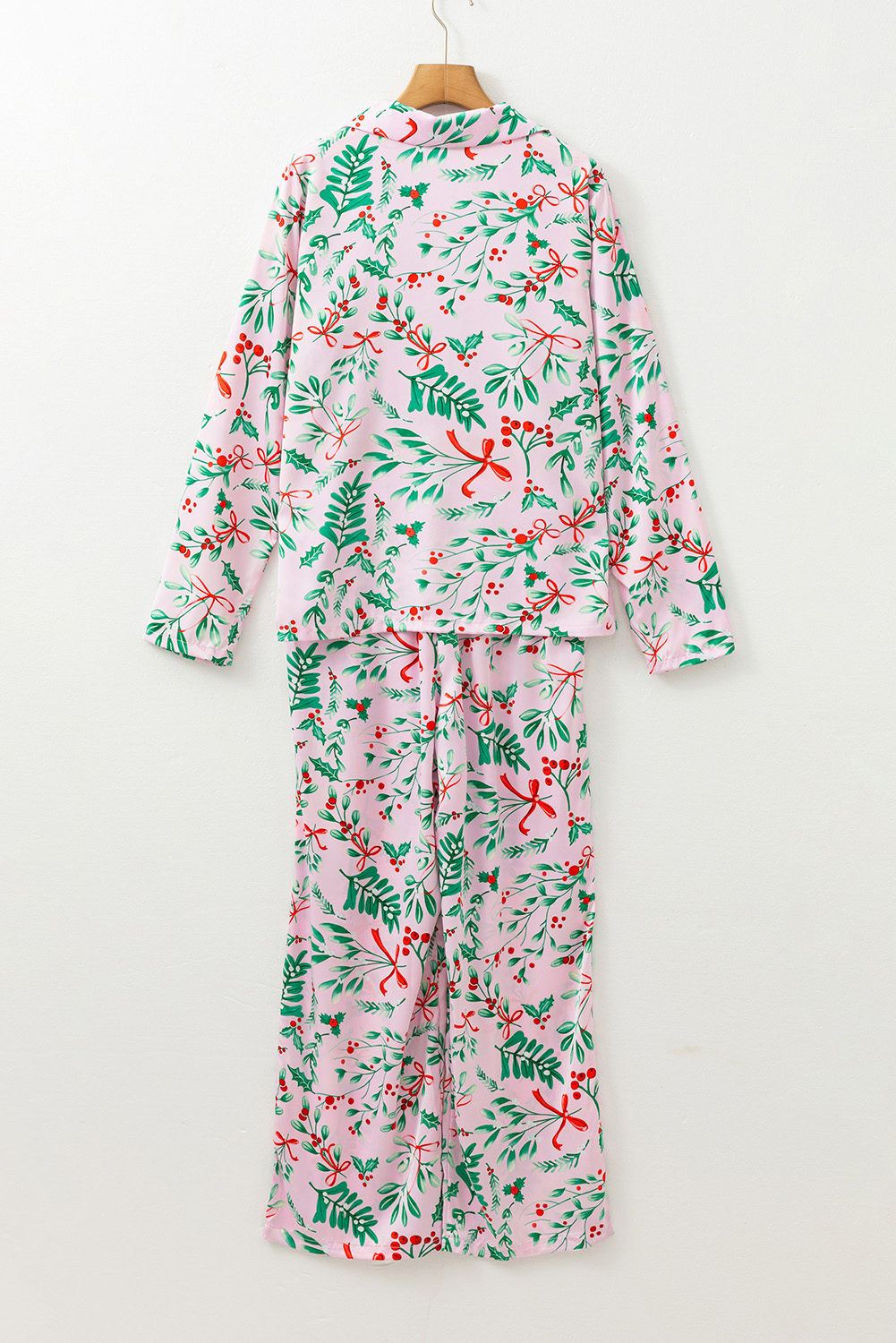 Pink Christmas Berries Plant Print Satin Long Sleeve Pajama Set - Image 4