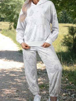 Light Grey Abstract Print Loose Drop Sleeve Hoodie Elastic Waistband 2pcs Pant Set
