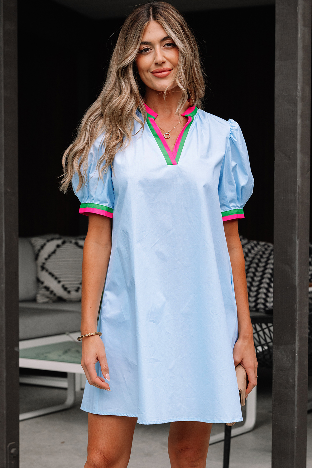 Myosotis Contrast Striped Notched V Neck Puff Sleeve Mini Dress - Image 5