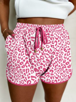 Pink Leopard Elastic Waistband Lace up Contrast Trim Casual Shorts