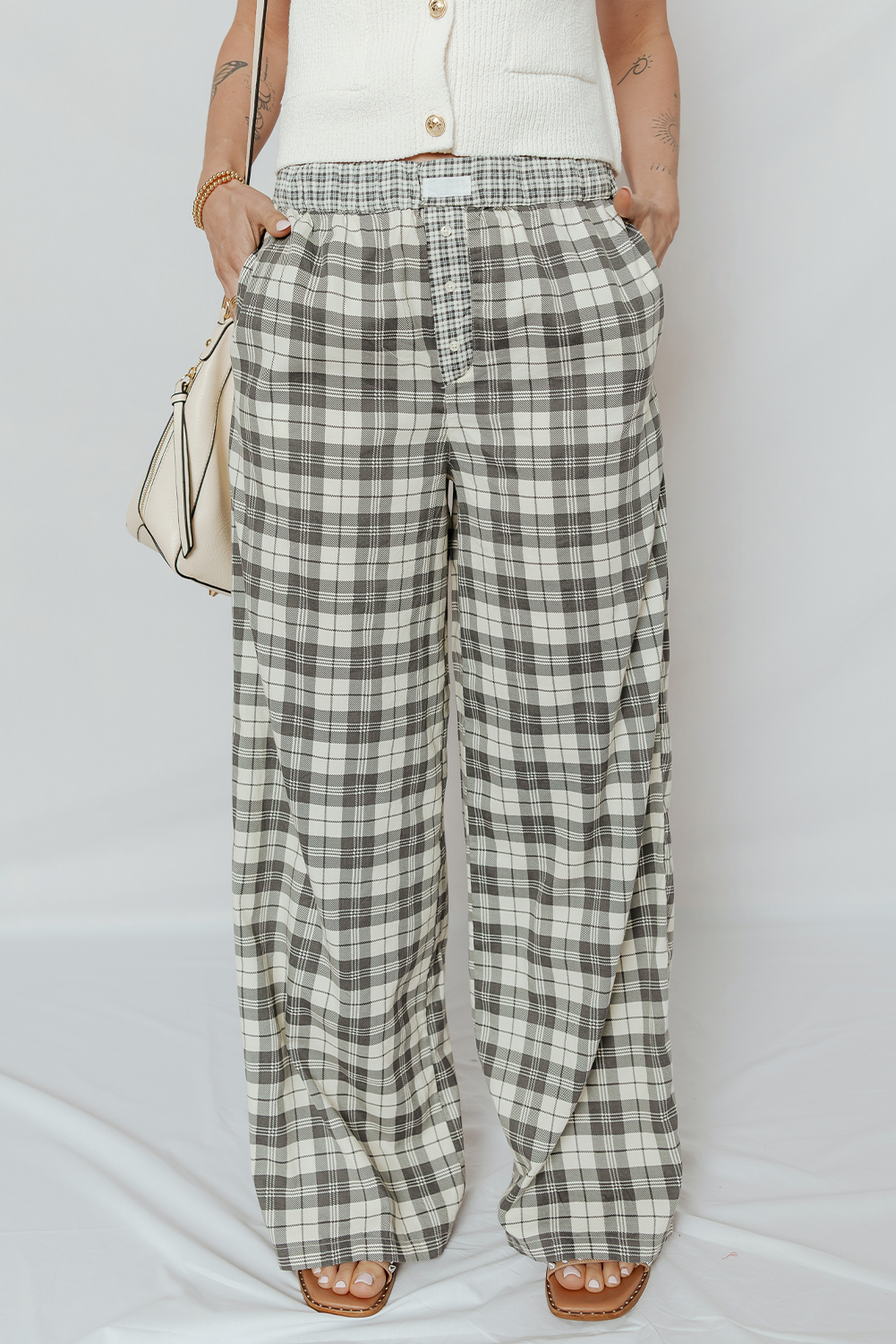Gray Plaid Wide Leg Casual Pants - Image 3