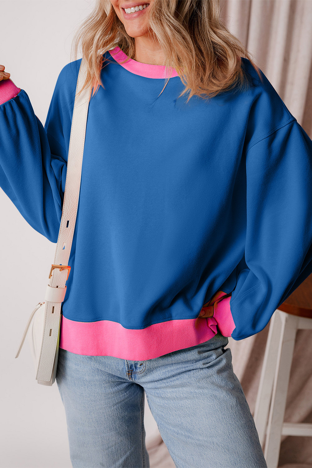 Blue Colorblock Bubble Sleeve Sweatshirt - Image 7