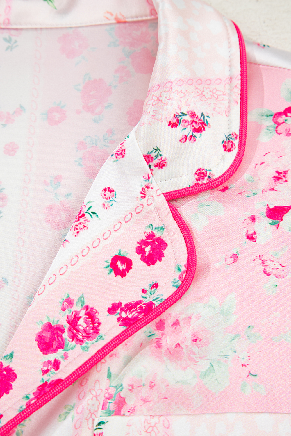 Pink Mixed Floral Print Contrast Piping Trim Satin Tie 2pcs Pajama Set - Image 7
