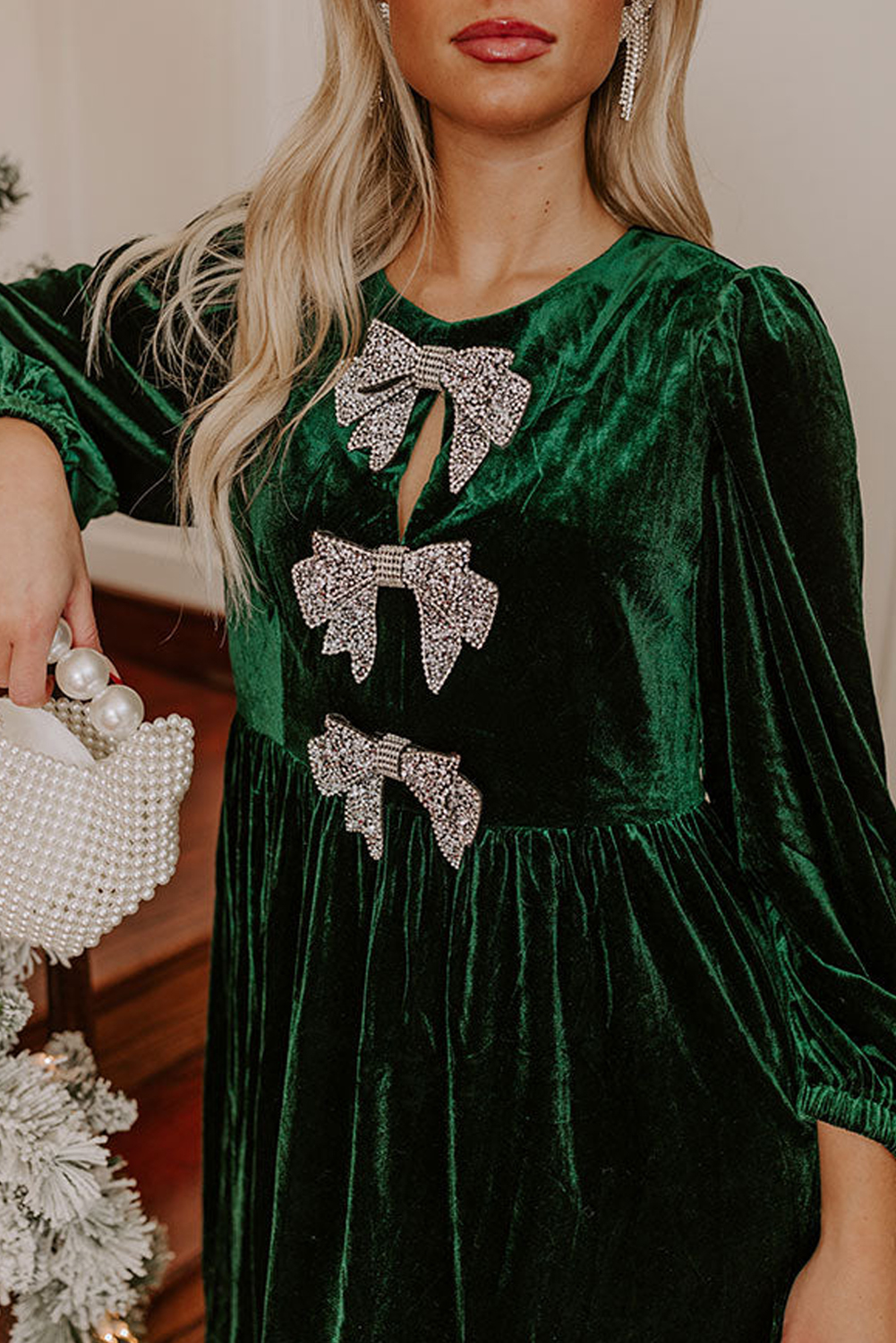 Evergreen Bowknot Decor High Waist Velvet Mini Dress - Image 5