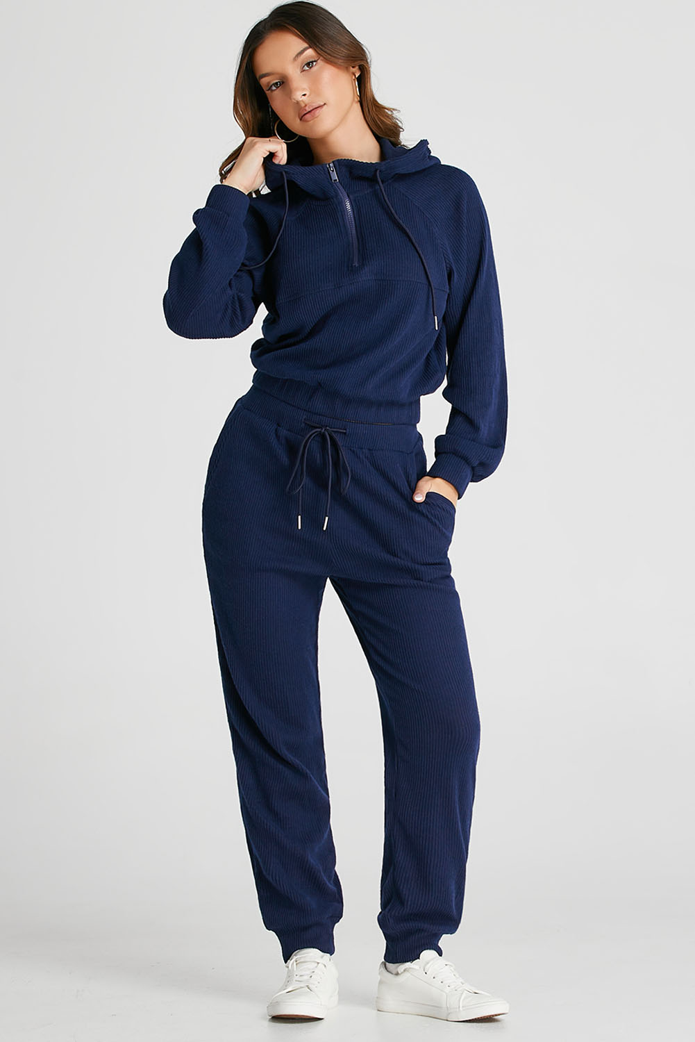 Navy Blue Ribbed Knit Cropped Hoodie and Drawstring Joggers Set - Image 4