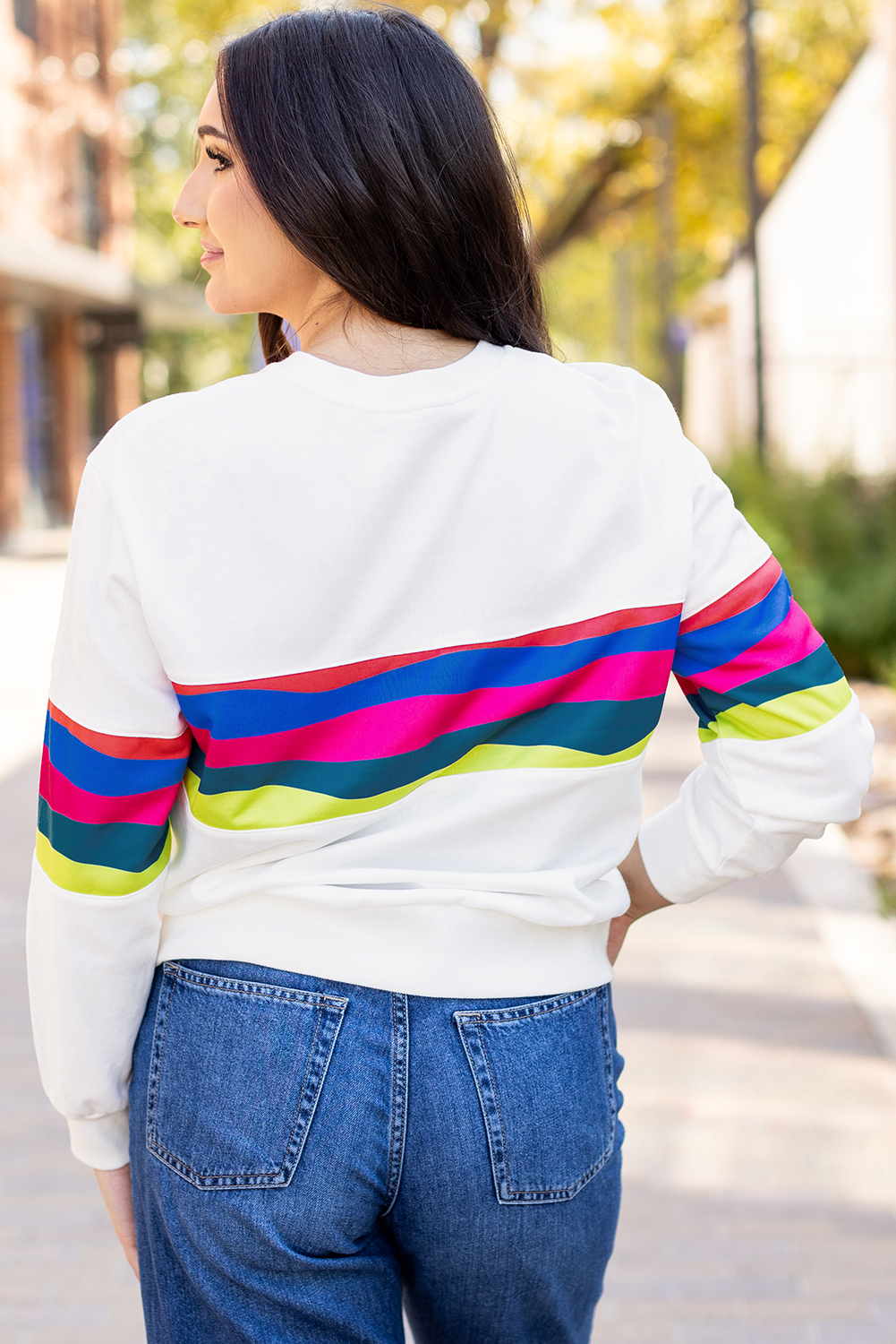 White Colorful Striped Accent Long Sleeve T Shirt - Image 2