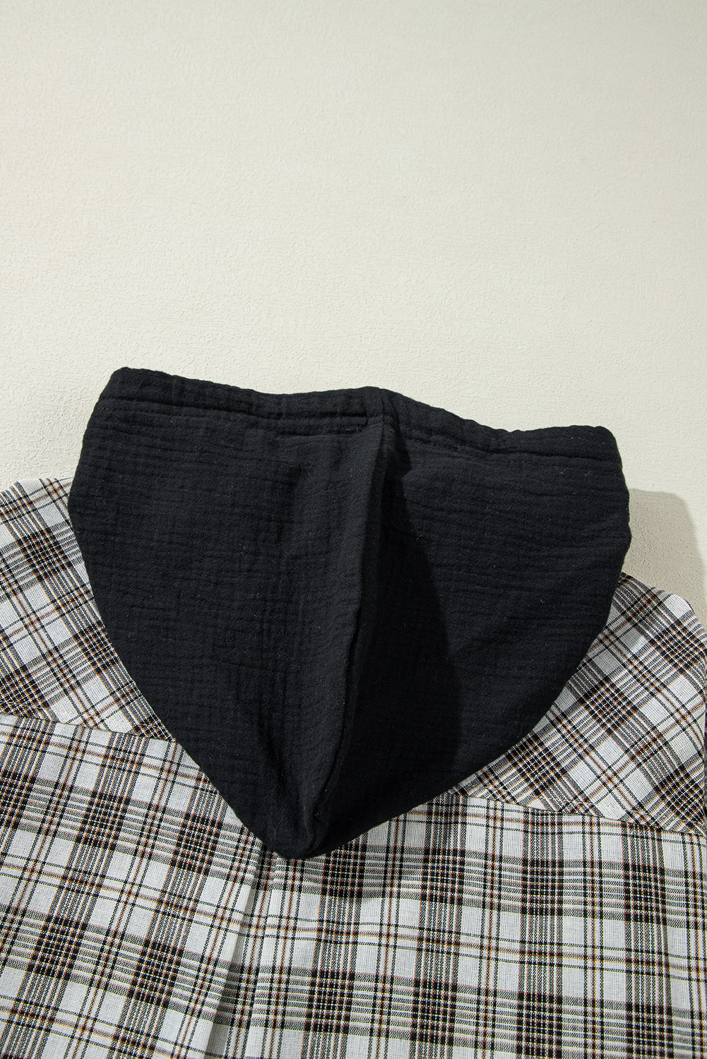 Black Checkered Print Loose Fit Buttoned Hooded Shacket - Image 6